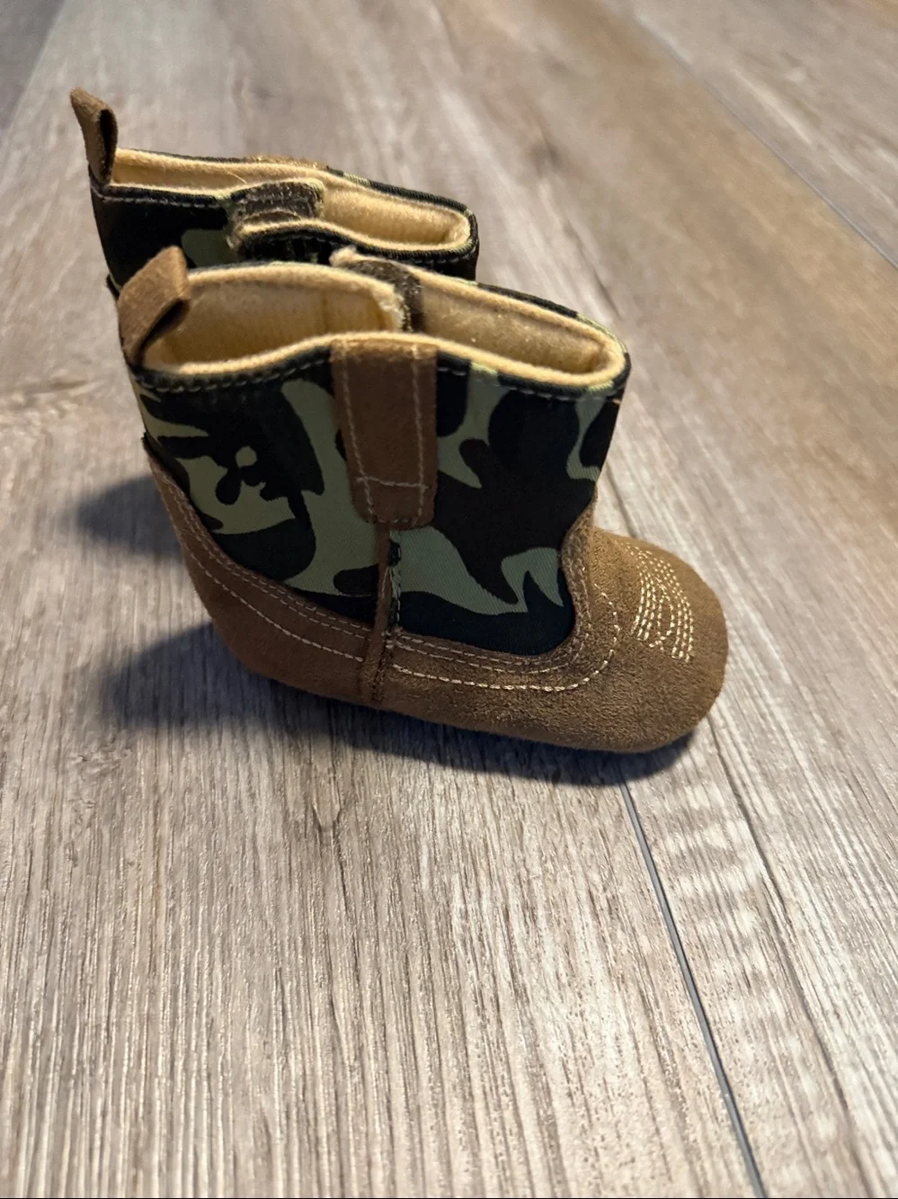 Rising Star infant camo and tan suede soft-sole cowboy booties